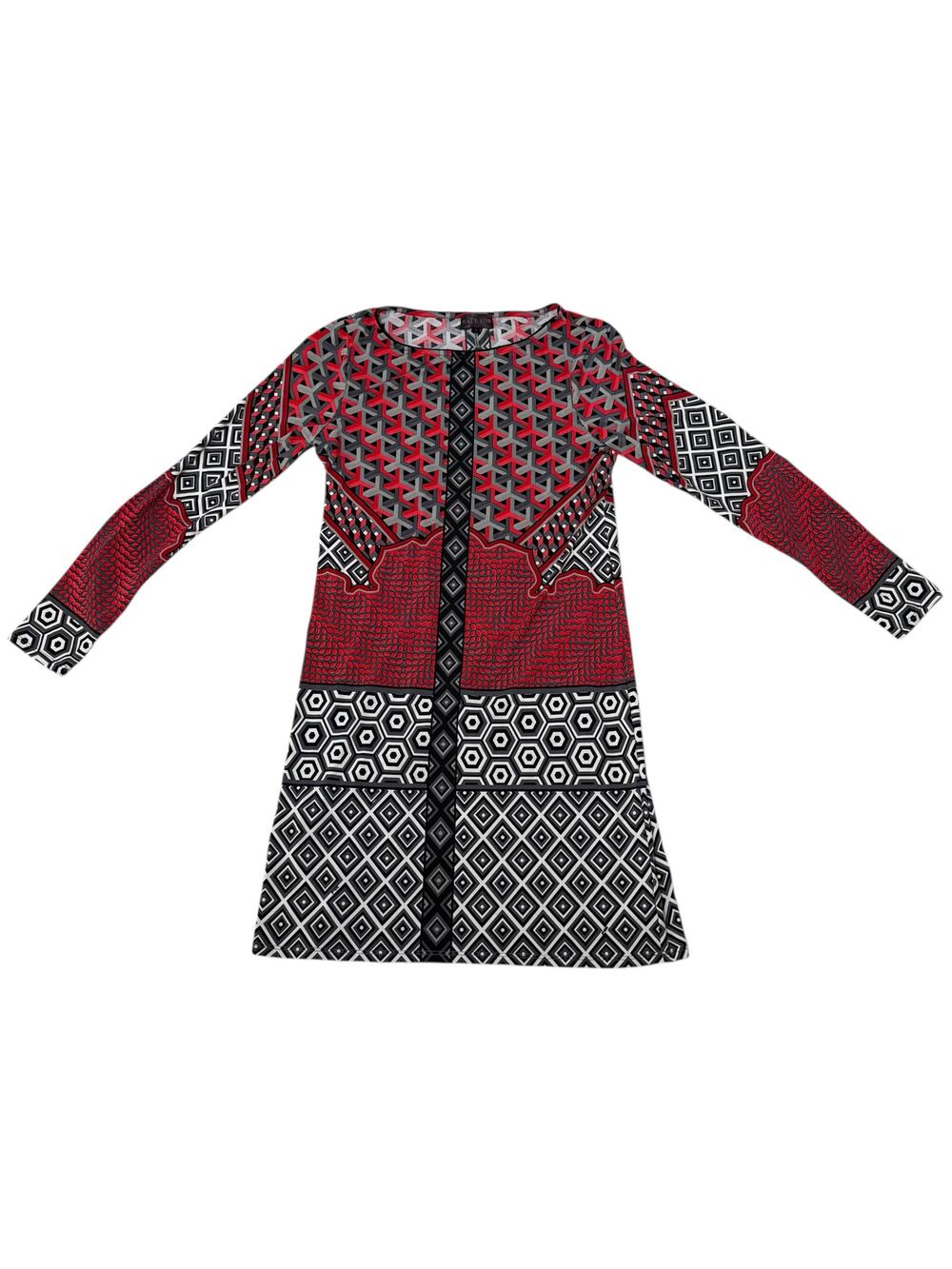 Hale Bob Long Sleeve Dress Geometric Patterns Black White Red Size Small